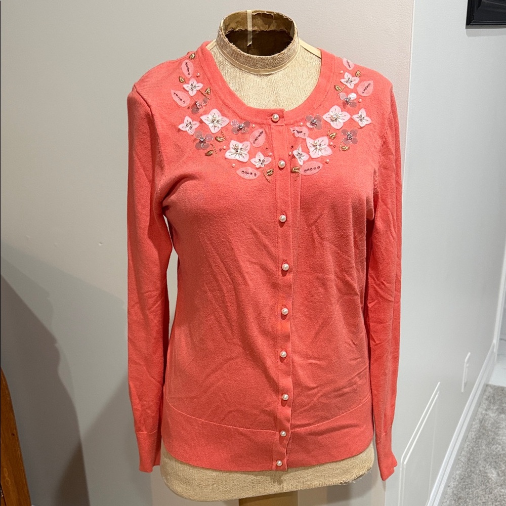 Charter Club Coral Cardigan with Floral Accents and pearled buttons